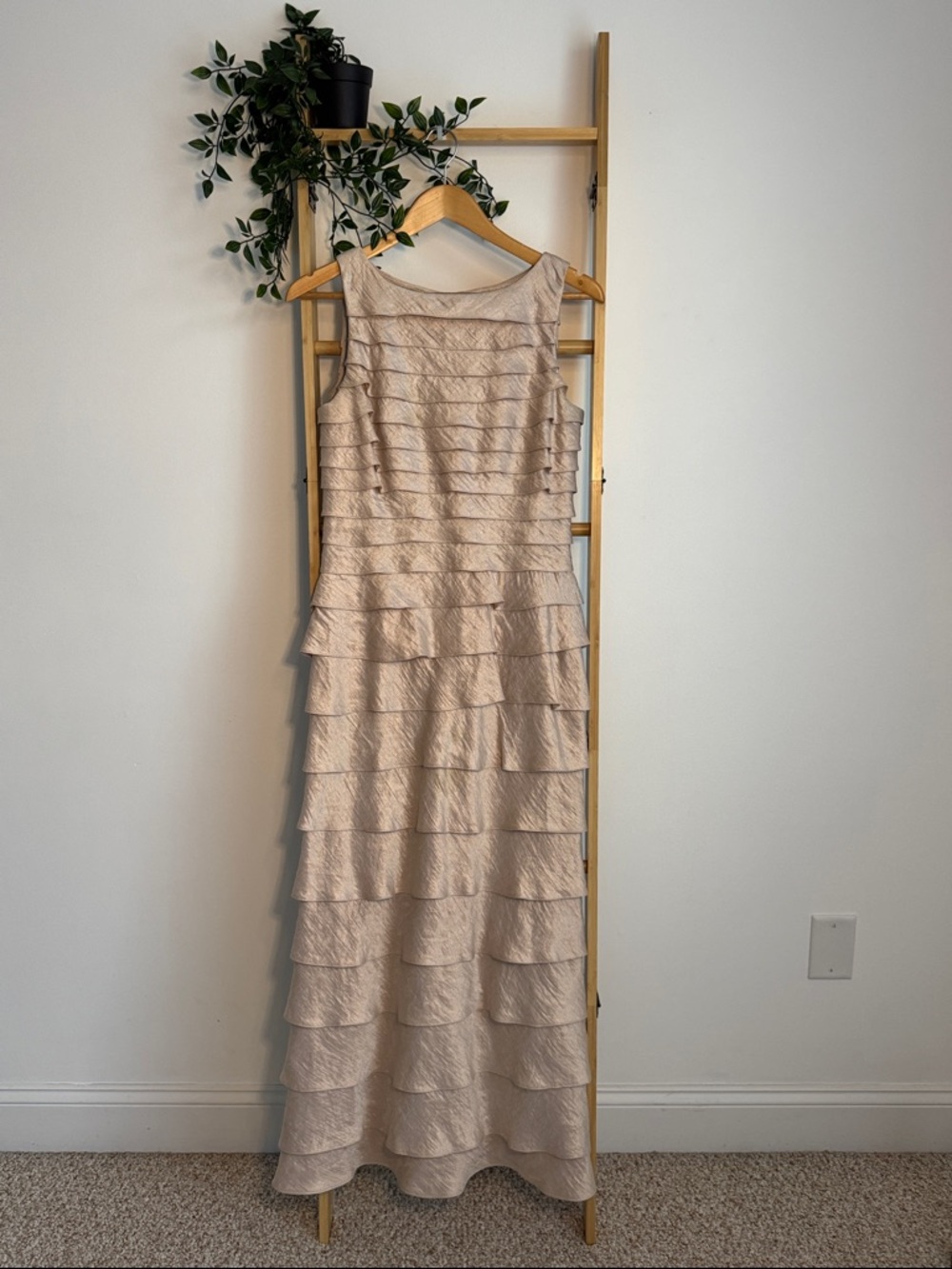 Adrianna Papell Sleeveless Tiered Maxi Formal Gown Champagne/Tan Color Size 8